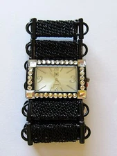 Fashion Watch-stretchy band-rectangular face- black mesh link band- clear stones