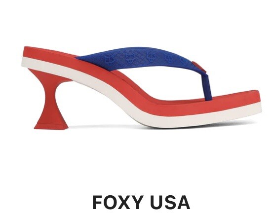 Nakedwolfe Foxy red, white and blue rubber flip flops, kitten heel, Size  9/40,