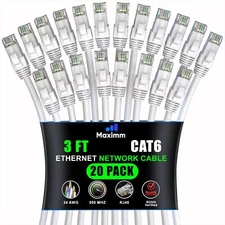 Cat 6 Ethernet Cable 3 ft 20-Pack - High-Speed LAN Cable Internet Cable Patch...