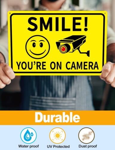 3er Pack Smile You're On Camera Schild Videoüberwachung Rostfrei Aluminiumschild - Bild 3 von 8