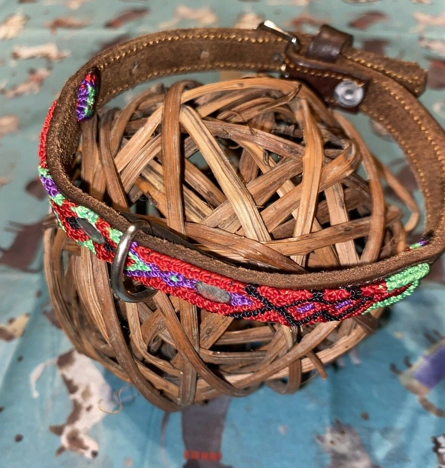 Dog Collar Genuine Leather 12.5" Length Small Breed 100% Colorful Silk Thread - Image 4 of 4