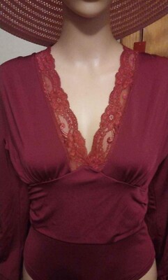 Woman's Size Small Burgandy Plunge V-Neck Lace Puff Long Sleeve Body Suit