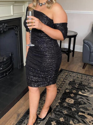 Club L London Black Stretch Ruched One Shoulder Sequin Dress Size 10 Worn  Once | eBay UK