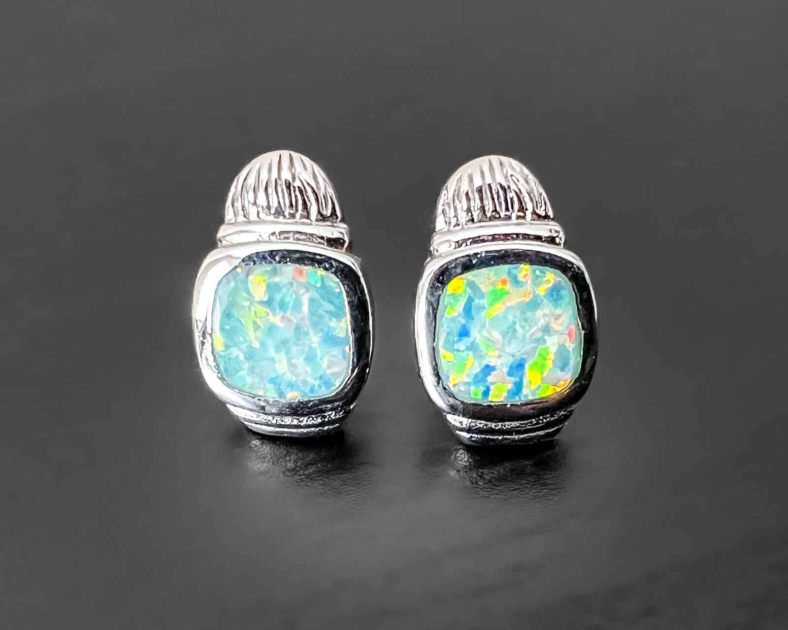 Green Simulated Fire Opal Square Unique Sterling … - image 1