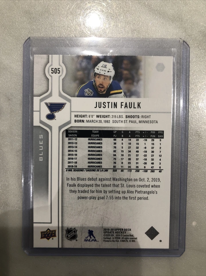 2019-20 SP Authentic Justin Faulk Upper Deck Update Base #505 ST. LOUIS BLUES - Image 2 of 2