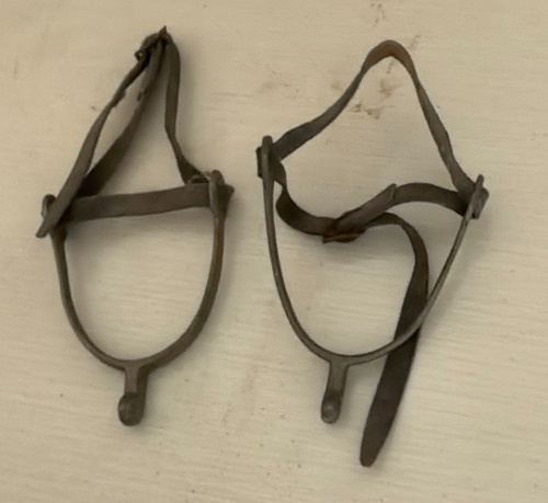 Vintage Set Of Horse Spurs w/Worn,  AgedLeather Straps Blunt End Calvary Styled