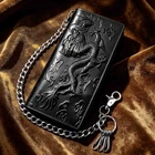 Black Dragon Leather Long Biker Chain Wallet, 11 Card Slots ID Window For Men