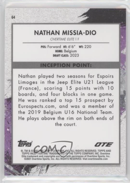 2021-22 Topps Inception OTE Overtime Elite Magenta /99 Nathan Missia-Dio #64 - Image 2 of 2