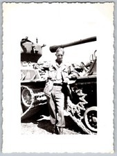 Vtg B W Snapshot Soldier Man Standing By Military Tank WWII Uniform 1940s