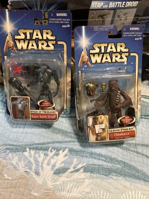 2 Star Wars Actionfiguren Super Battle Droid Chewbacca Kartonschaden