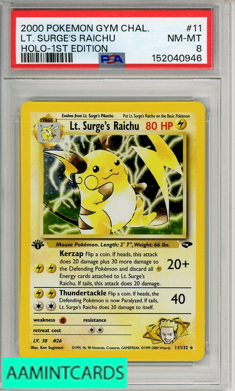 2000 POKEMON GYM CHALLENGE LT SURGE S RAICHU #11 HOLO-1ST EDITION PSA 8 NM-MT