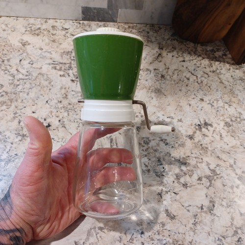 Vintage Federal Housewares Nut Grinder Clear Glass Jar Green Top Hand Crank 7.5”