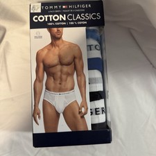 TOMMY HILFIGER Men  s Size LARGE 4-Pack Cotton Classics Briefs BLUES White Bands