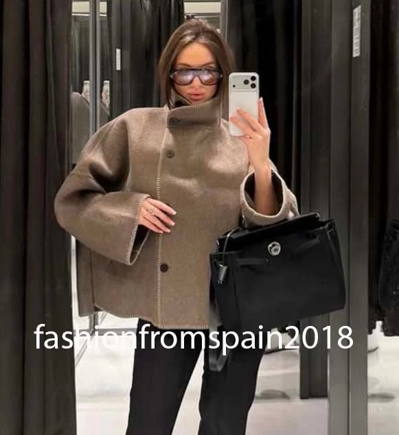 ZARA NEW WOMAN WOOL BLEND TOPSTITCHED JACKET ZW COLL BROWN TAUPE 7522/051/737