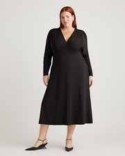 Quince Tencel Jersey V-Neck Long Sleeve Midi Dress Black Basic Sleeved M