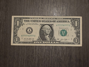 2013 $1 fancy serial number A77776777C binary with 7 of kind 7s circulated
