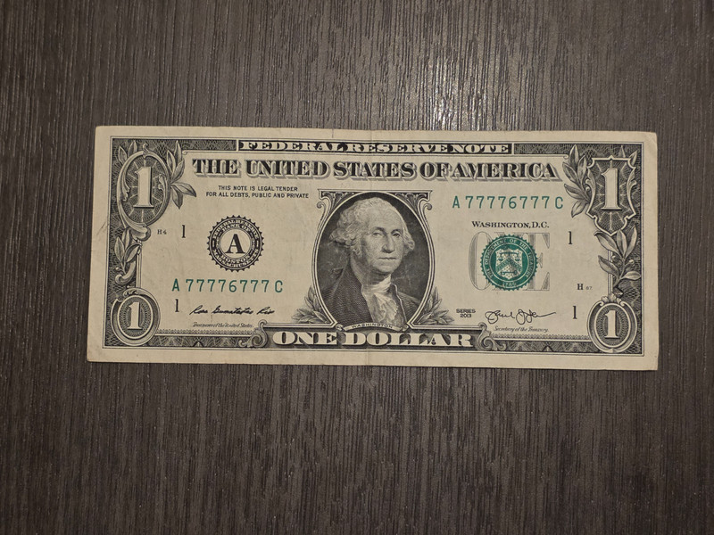 2013 $1 fancy serial number A77776777C binary with 7 of kind 7s circulated