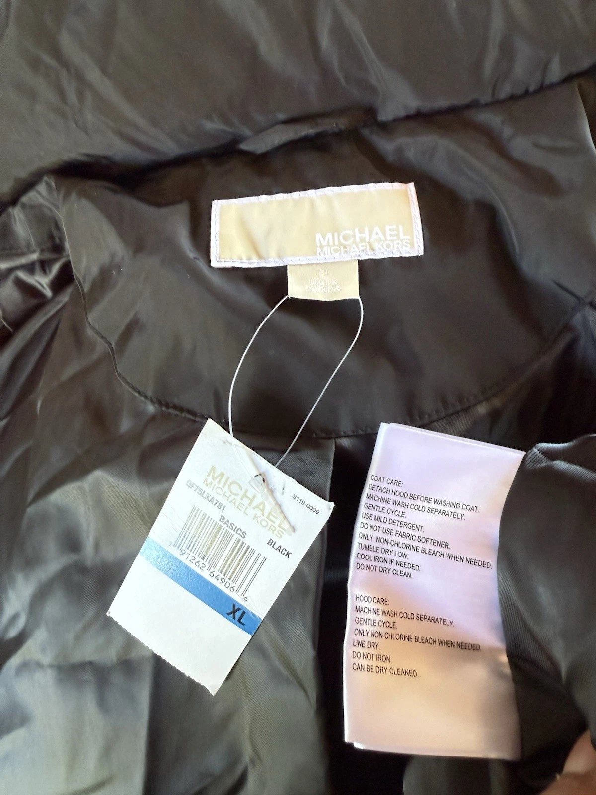 Giacca cappotto piumino nero bordo pelliccia sintetica Michael Kors XL NUOVO CON ETICHETTE $220