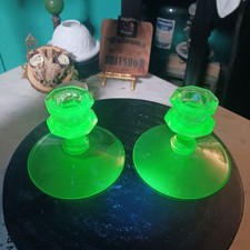 Vintage Uranium Glass Candlestick Holders Pair UV Reactive Glowing Glass