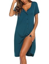Womens Short Sleeve V-Neck Nightgown Sleepwear Pajama Dress - Blue Green
