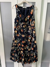 Loft Orange Harvest Print Navy Blue Tiered Midi Dress Size 8p