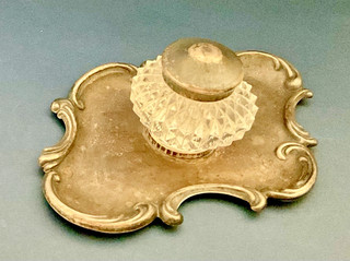 Antique Sterling Silver Cut Glass Inkwell w Silver Cover Standish Rococo c.1900