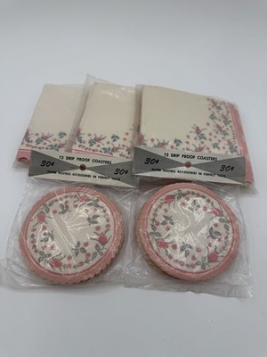 Lot of 5 Vintage House of Paper Pink Moss Rose Napkins & Coasters NOS 1950s USA