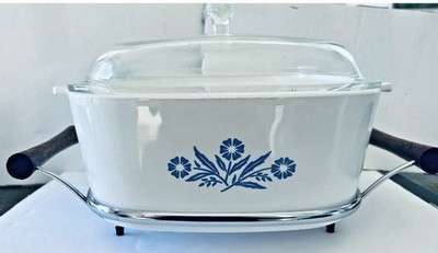 VINTAGE CORNING WARE P84B 4qt. Casserole, Lid, Chrome /wood Stand/ BLUE Corn/EUC
