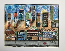 Original Art Collage Whimsical City Skyscrape Watercolor Matted 11 x 14, NEW