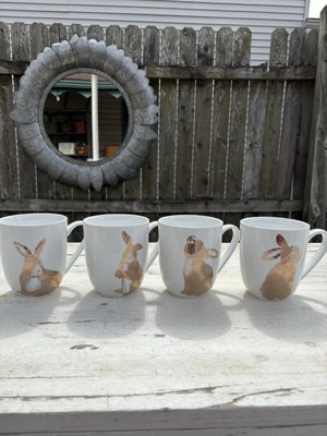 Pier 1 Set Of 4, Easter Mugs With Gold Leaf Bunny Design