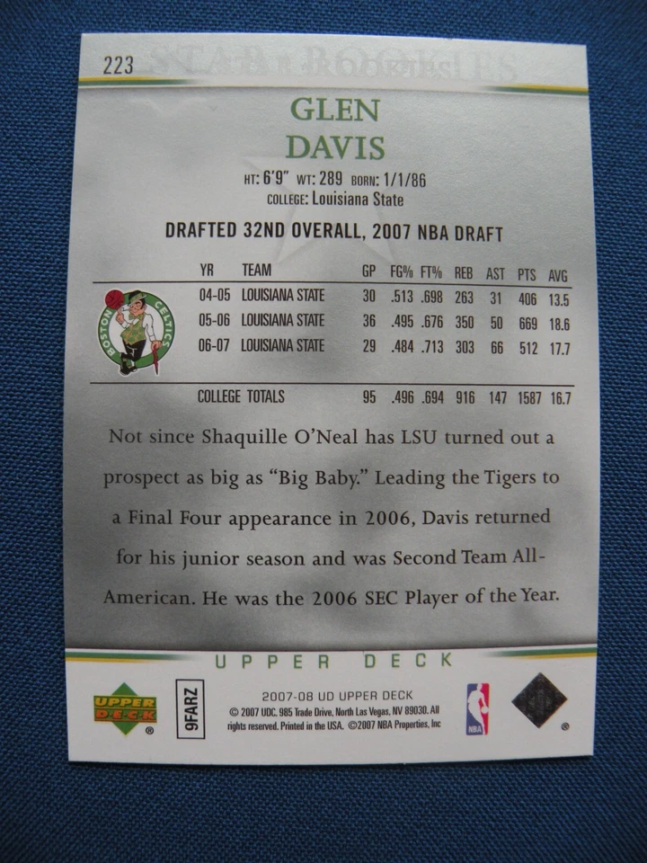 2007 Upper Deck Basketball R/C Glen Davis Boston Celtics #223 - Image 2 of 2