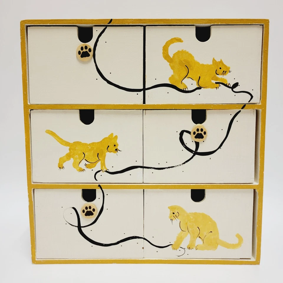 Armário de madeira artesanato armazenamento gato caixa 6 gavetas feito à mão costura assinada OOAK - Imagem 2 de 4
