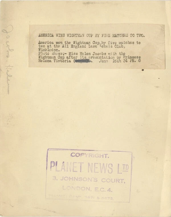 Helen Jacobs Tennis Champion Wightman Cup Original 8x10 Double Weight Photo 1934 - Image 2 of 2