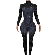 Women Full Rhinestone Stretch Jumpsuits Dancer Stage Wear Costume Bodysuit