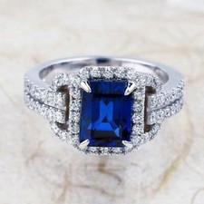 Halo Amazing 2.70 CT Blue Sapphire  White CZ 935 Silver Women's Gorgeous Ring