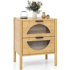 Bamboo Nightstand with 2 Storage Drawers & Reeded Tempered Glass Fronts Bedroom
