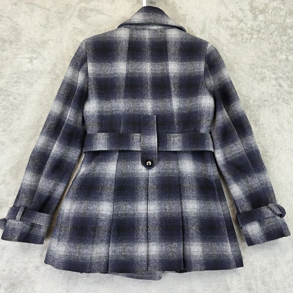 Abrigo para mujer Miss Sixty S azul negro mezcla de lana a cuadros con cinturón doble pecho Foto 2 de 4