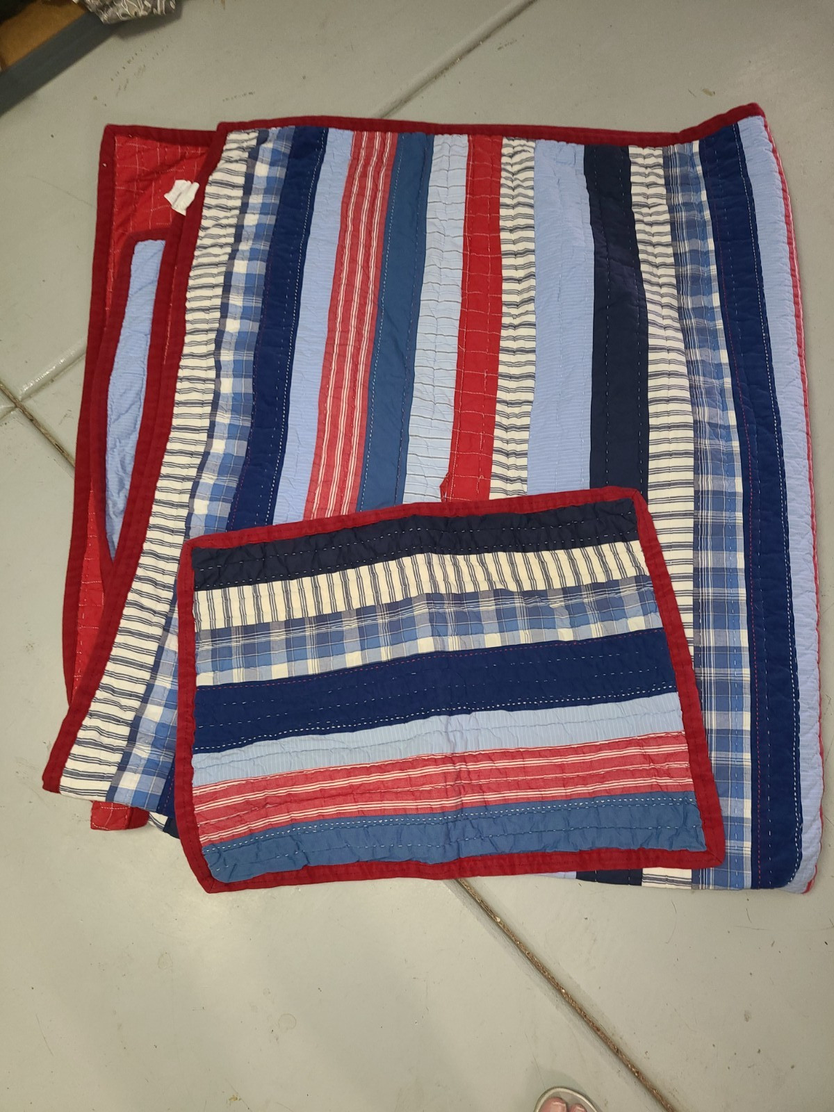 Pottery Barn Kids "Blue Red Stripes" Twin Quilt & Sham