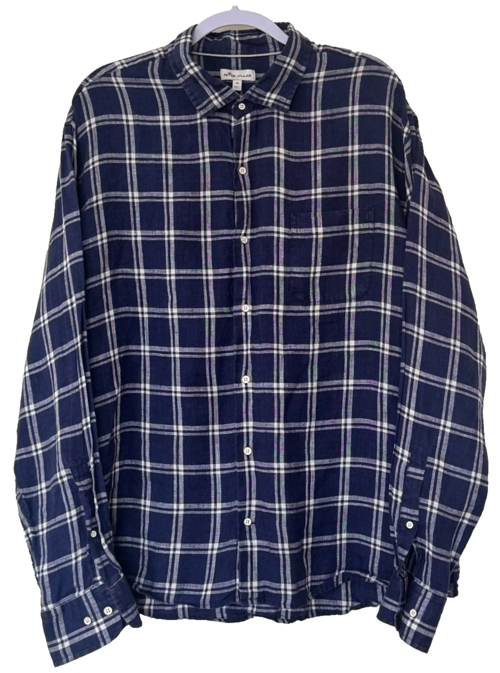 Peter Millar 100% Linen Shirt Blue Plaid Button Up Mens XL Lightweight