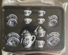 Miniature Blue White Tea Set 13 Pc 1:12 Dollhouse Teapot Cups Porcelain New