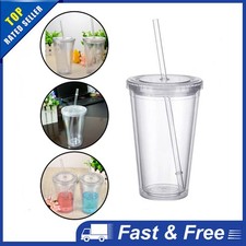 1/2Pcs 500ml Double Walled Cup Plastic Clear with Lid and Straw Drinks Insulated
