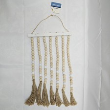 Boho Wood Bead Wall Hanging Garland Tassel Fringe Distressed Natural Decor NWT