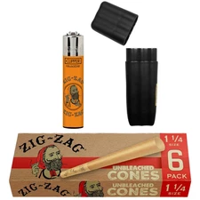 ZIG-ZAG 1 1/4 Unbleached Pre Rolled Cones with  3-Cone Case + Clipper Lighter