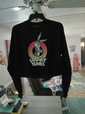 Looney Tunes Women's Cropped, Raw Hem Graphic Top Black Bugs Bunny Size M.