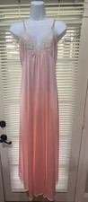 VTG 1970s Miss Elaine Pink Nylon Nightgown Lace Size M Plunging Back Cut