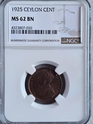 Ceylon 1 Cent 1925 NGC MS 62 BN