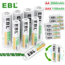 EBL Double A, Triple A  Batteries Rechargeable 2800mAh 1100mAh NI-MH + Box   Lot