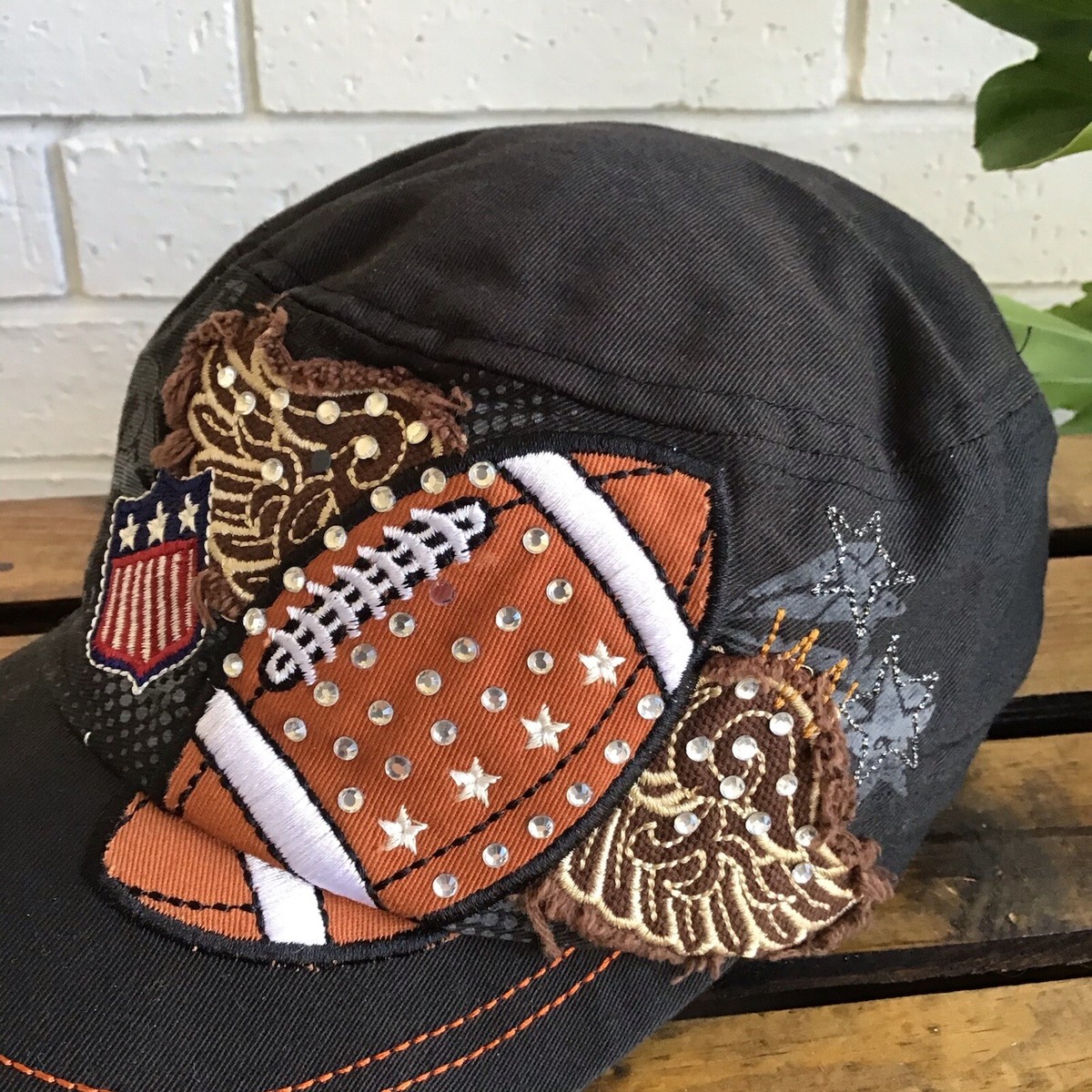 LEADER Black Bling Crystals Football Baseball Hat Distressed  display picture 3
