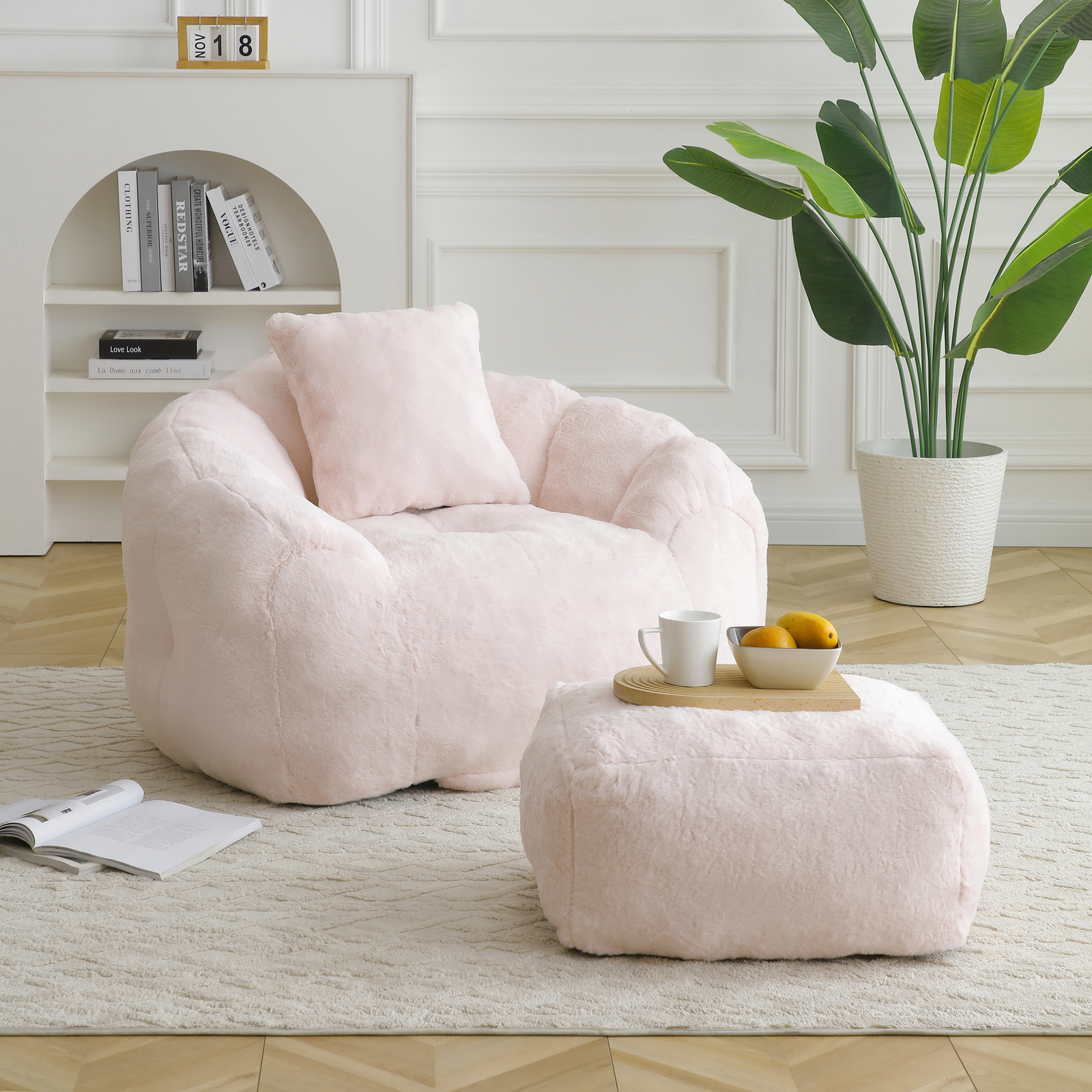 Giant Bean Bag Chair w/Footstool Oversized Faux Fur Floor Sofa for