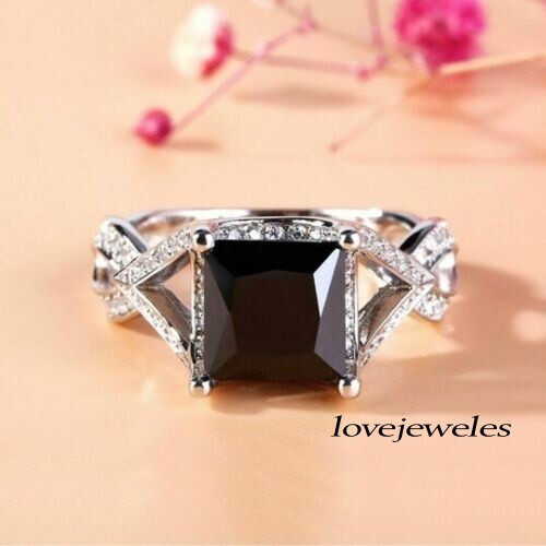 Lab-Created 3CT Princess Cut Real Onyx 925 Silver Twisted Halo Wedding Ring - Imagen 6 de 7
